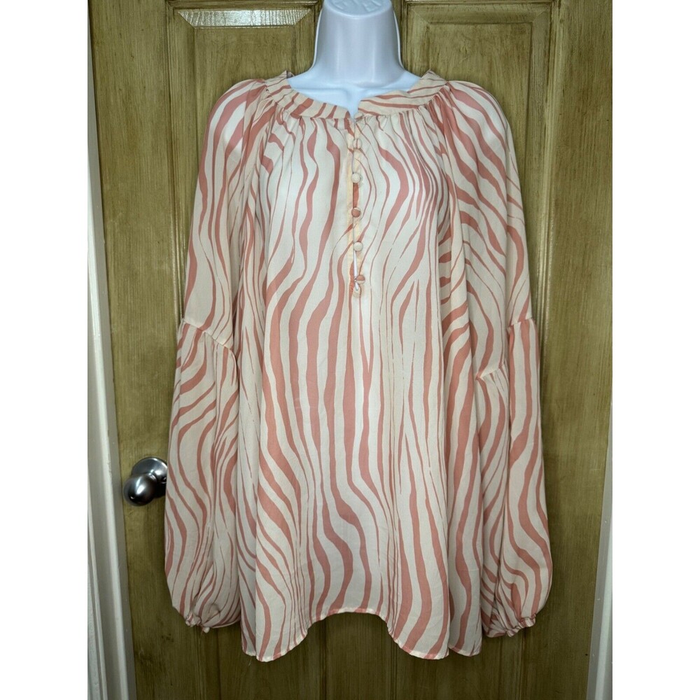 Eloquii Women's Top Blouse Balloon Long Sleeve Size 24 Beige Pink Sheer
